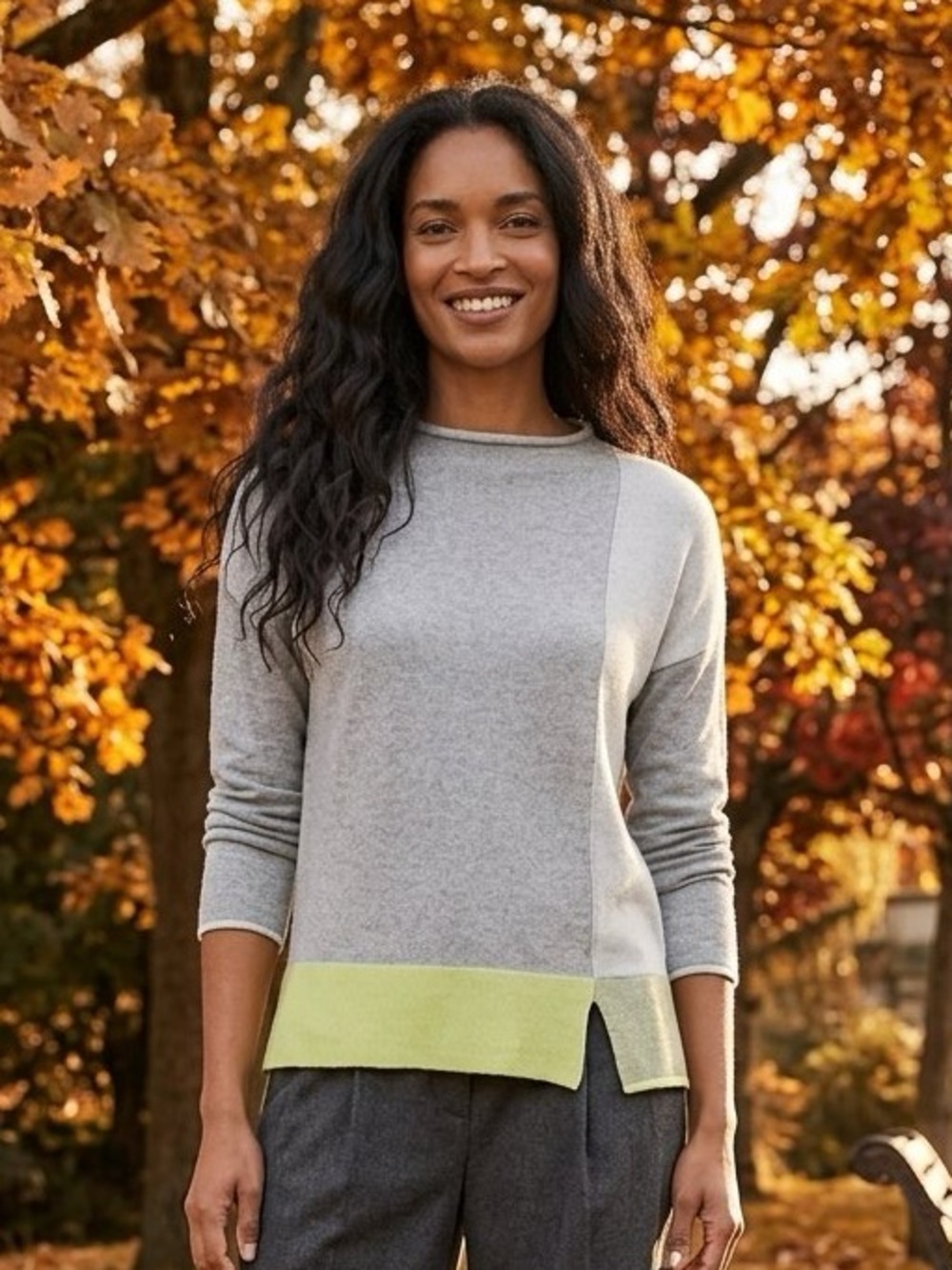 Colorblock Gray Crewneck Sweater with Lime Hem